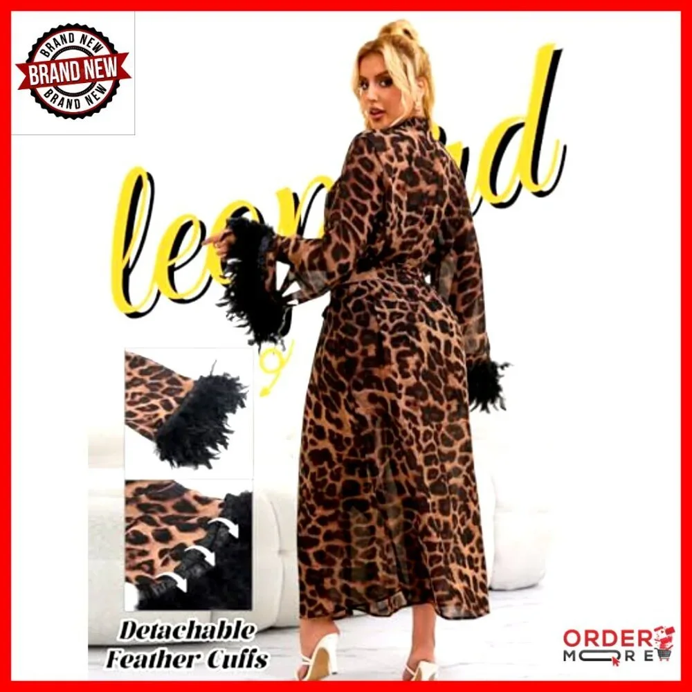 Leopard Print Lace Kimono Robe with Feather Trim, Long Open Front